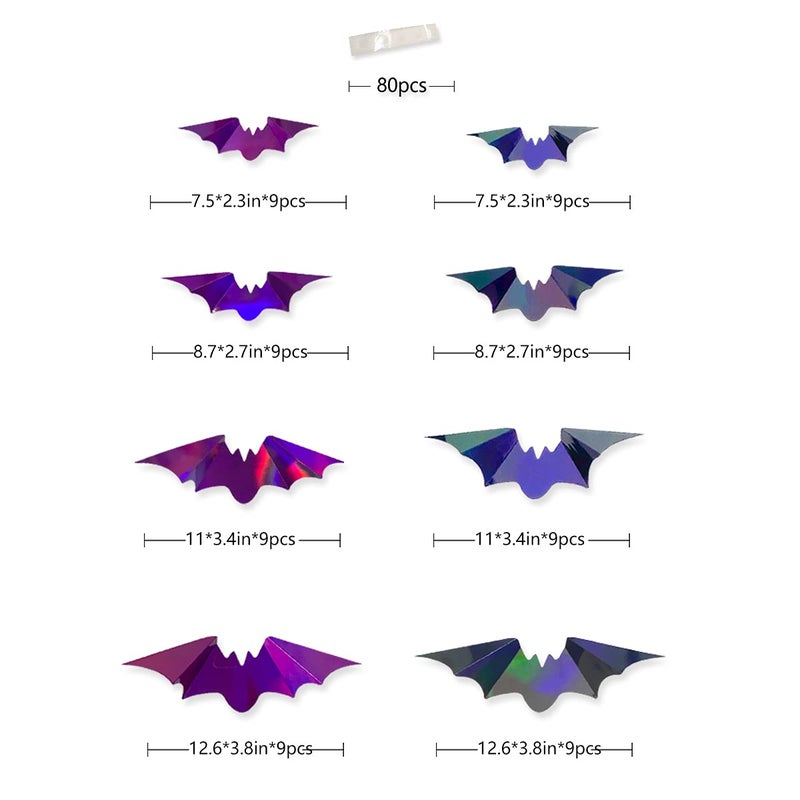 pinkblume 72Pcs Bats Halloween Decoration Iridescent 3D Bats Wall Decor Black Purple Holographic Paper Decorative Bat Wall Art Decals Stickers Spooky Bats for Halloween Home Room Decor Party Decoration Supplies - Image 2
