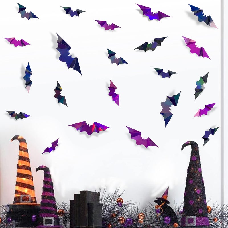 pinkblume 72Pcs Bats Halloween Decoration Iridescent 3D Bats Wall Decor Black Purple Holographic Paper Decorative Bat Wall Art Decals Stickers Spooky Bats for Halloween Home Room Decor Party Decoration Supplies - Image 4