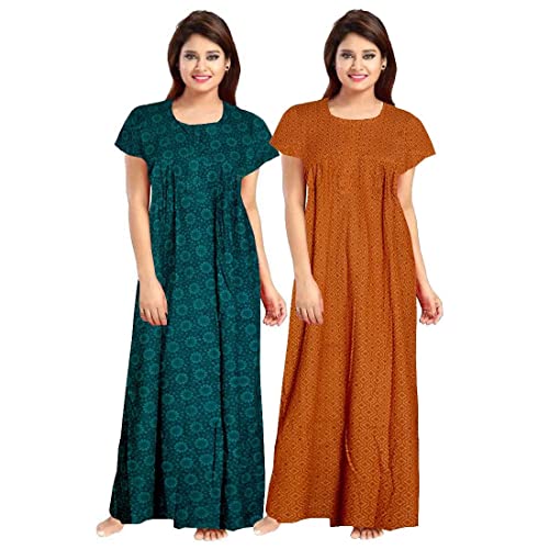 NEGLIGEE Women's Cotton Printed Maxi Nightgown Nighty for Women Ankle Length Night Dress - Pack of 2 (Free Size, 02 Green & Brown) - Image 1