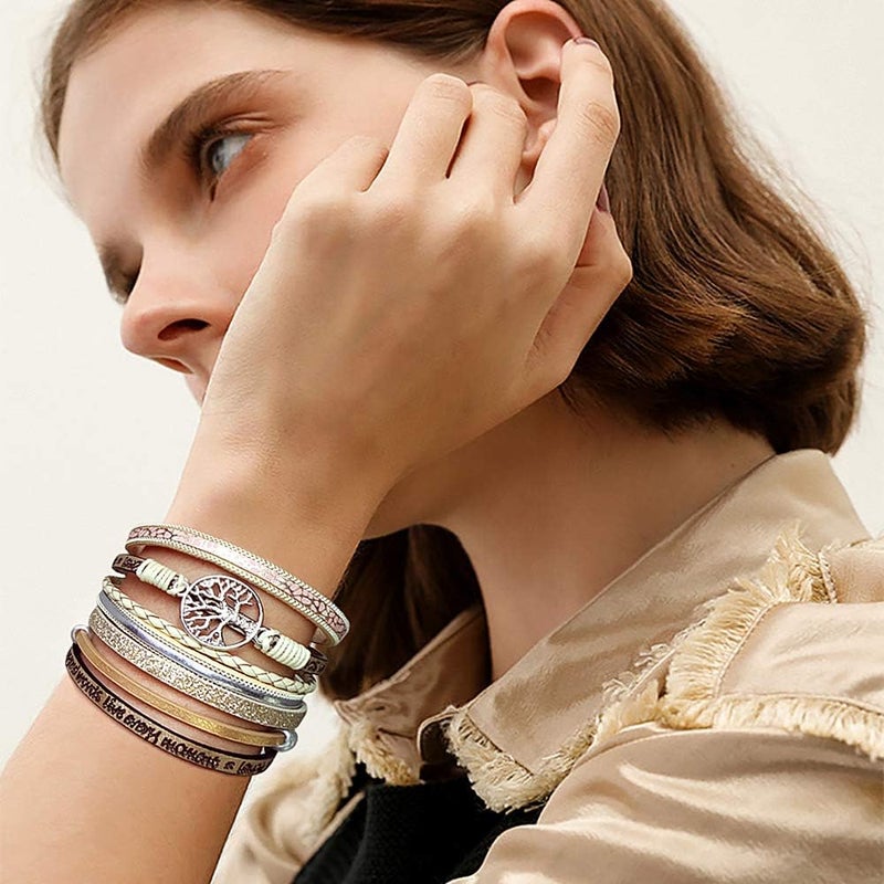 Suyi Women Wrap Bracelet Multilayered Leather Braided Bangle Wrist Cuff Bangles with Magnetic Buckle - Image 2