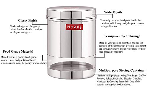 HAZEL Stainless Steel Transparent Wide Mouth See Through Container, Silver, Set of 2, 950 ML - Image 4