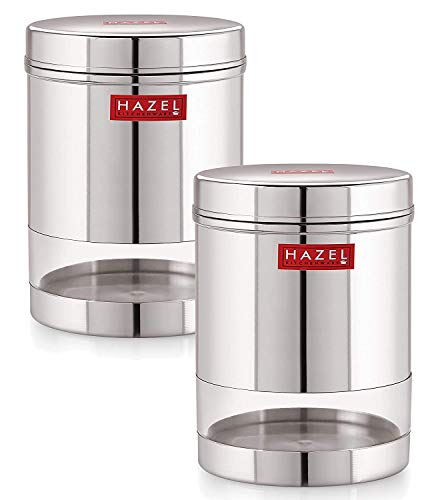 HAZEL Stainless Steel Transparent Wide Mouth See Through Container, Silver, Set of 2, 950 ML - Image 1