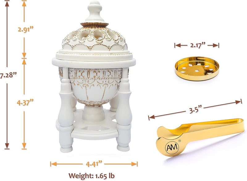 AM (Off-white) - Charcoal Incense Burner - Bakhoor Burner, Oud Frankincense Resin Burner - for Office & Home Decor - Lavish 4 Pillar White - Image 2