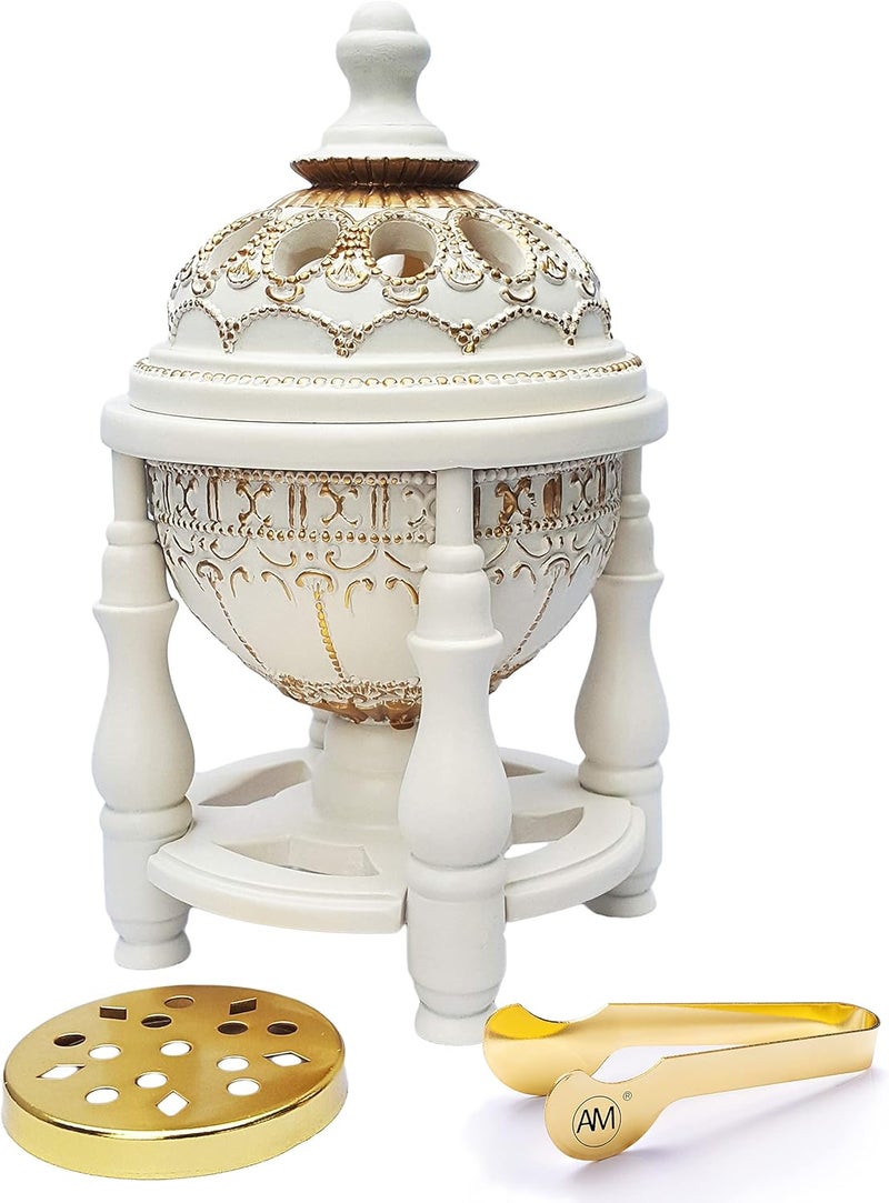 AM (Off-white) - Charcoal Incense Burner - Bakhoor Burner, Oud Frankincense Resin Burner - for Office & Home Decor - Lavish 4 Pillar White - Image 1