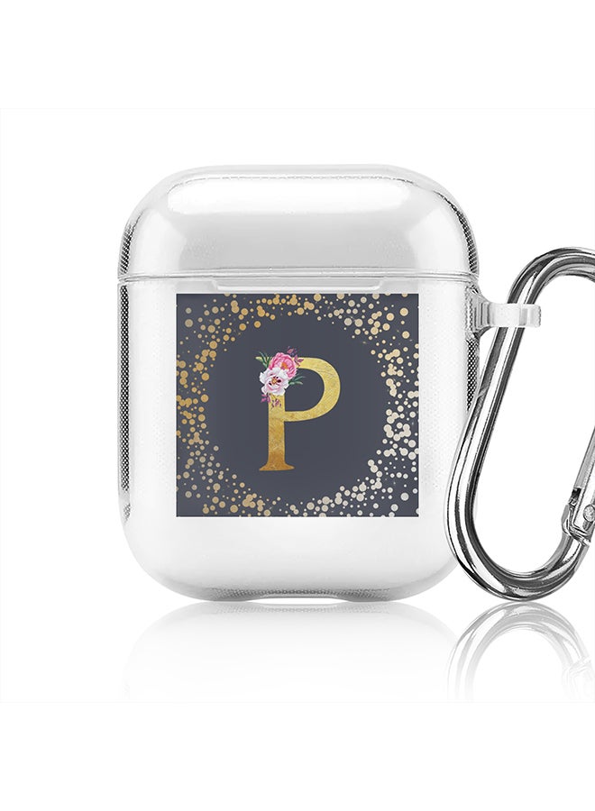 Stylizedd Classic Clear printed Case for Apple Airpods 2 / 1 Soft TPU Gel Thin Transparent Flexible Cover - Custom Monogram Initial Letter Floral Pattern Alphabet - P (Grey ) - Image 1