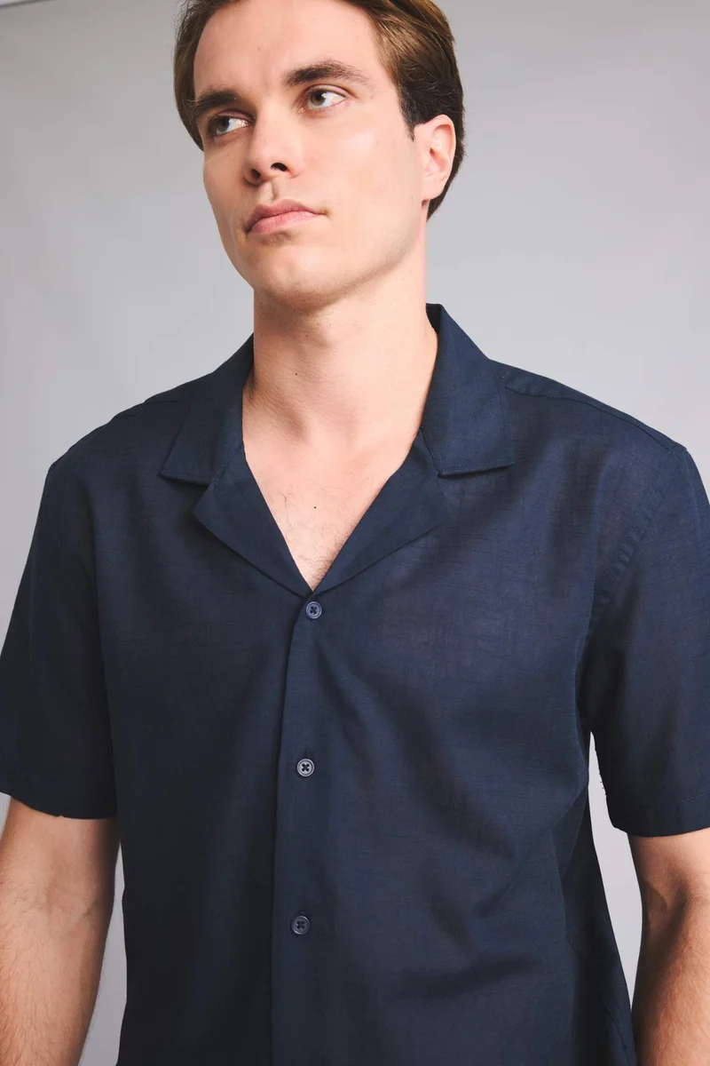 Defacto  Regular Fit Linen Blend Navy Short Sleeve Shirt for Men | Best Price UAE