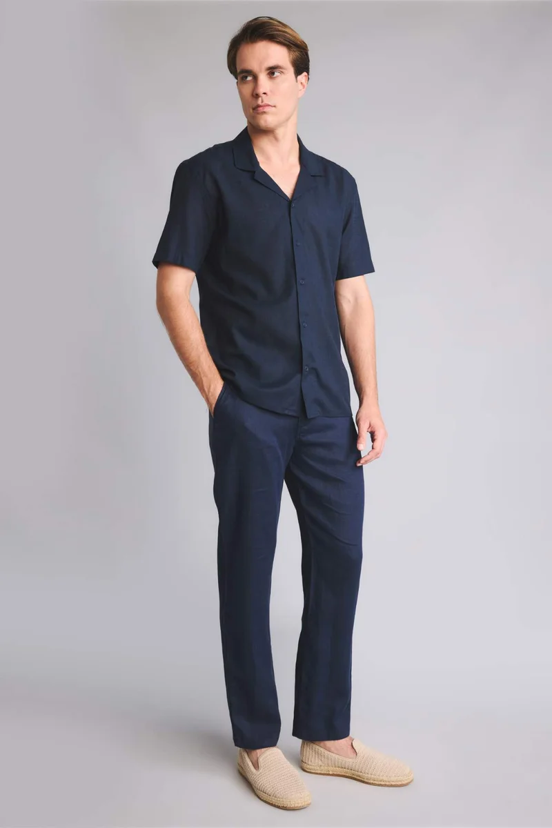 Defacto  Regular Fit Linen Blend Navy Short Sleeve Shirt for Men | Best Price UAE
