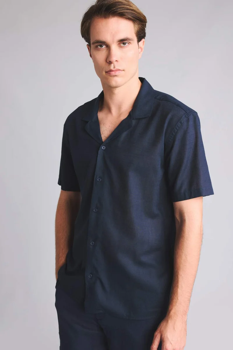 Regular Fit Linen Blend Navy Short Sleeve Shirt