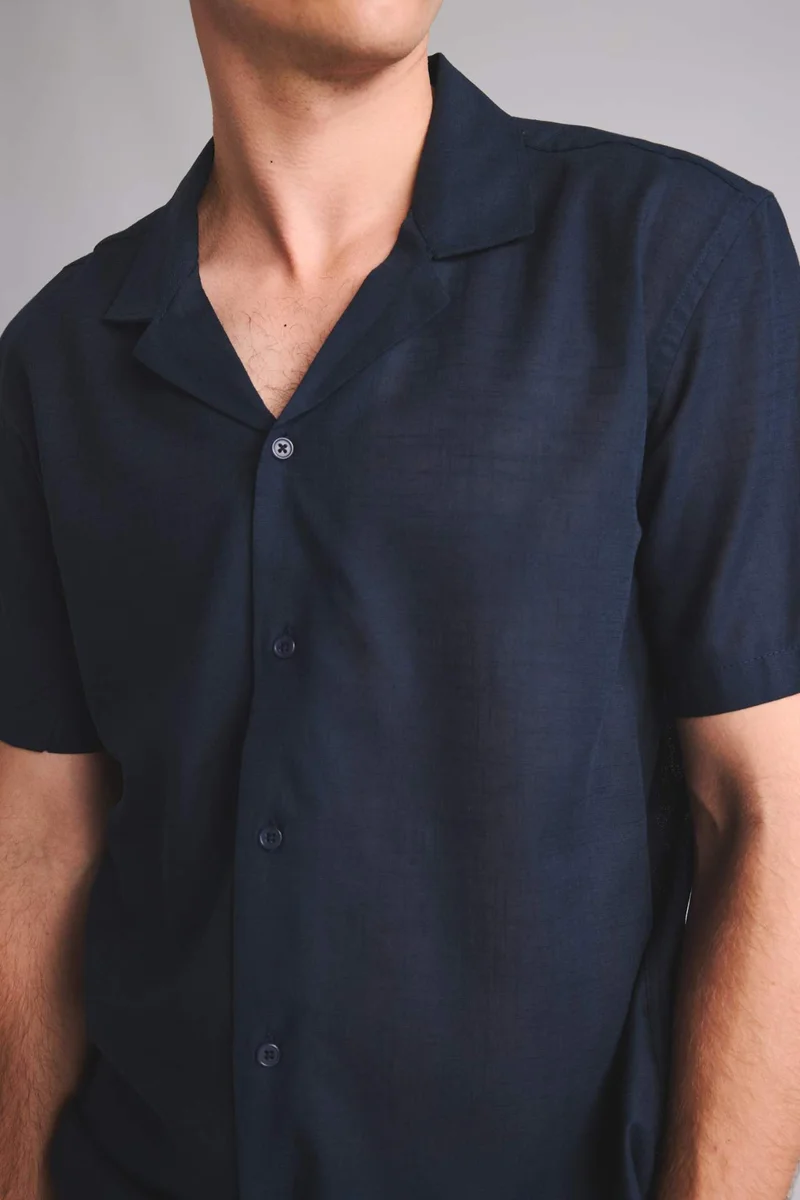 Defacto  Regular Fit Linen Blend Navy Short Sleeve Shirt for Men | Best Price UAE