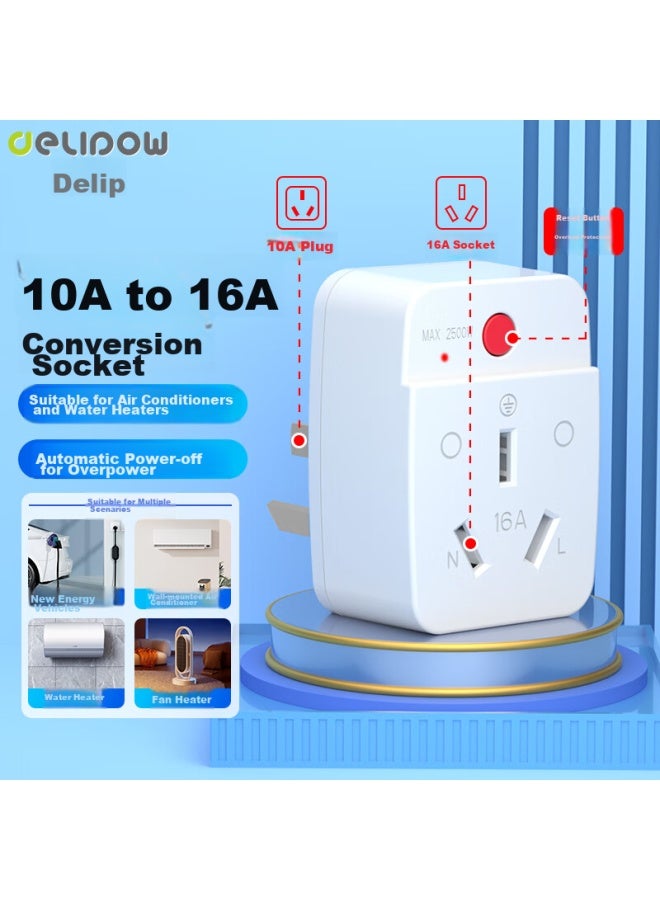 Delipow 10a To 16a Socket Converter With Overload Protection, Automatic Power-off, For Air Conditioners And Water Heaters, 16a High-power Conversion Plug - Image 1