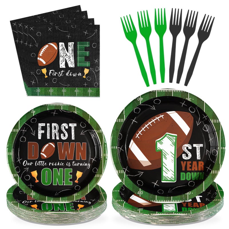 Grencian 96Pcs Football Party Decorations First Down Football Birthday Party Plates Disposable 350GSM Football Paper Tableware Set for Gameday Boys 1st Football Birthday Party  Serves 24 - Image 1