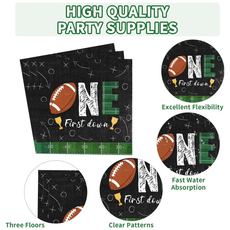 Grencian 96Pcs Football Party Decorations First Down Football Birthday Party Plates Disposable 350GSM Football Paper Tableware Set for Gameday Boys 1st Football Birthday Party  Serves 24 - Image 3