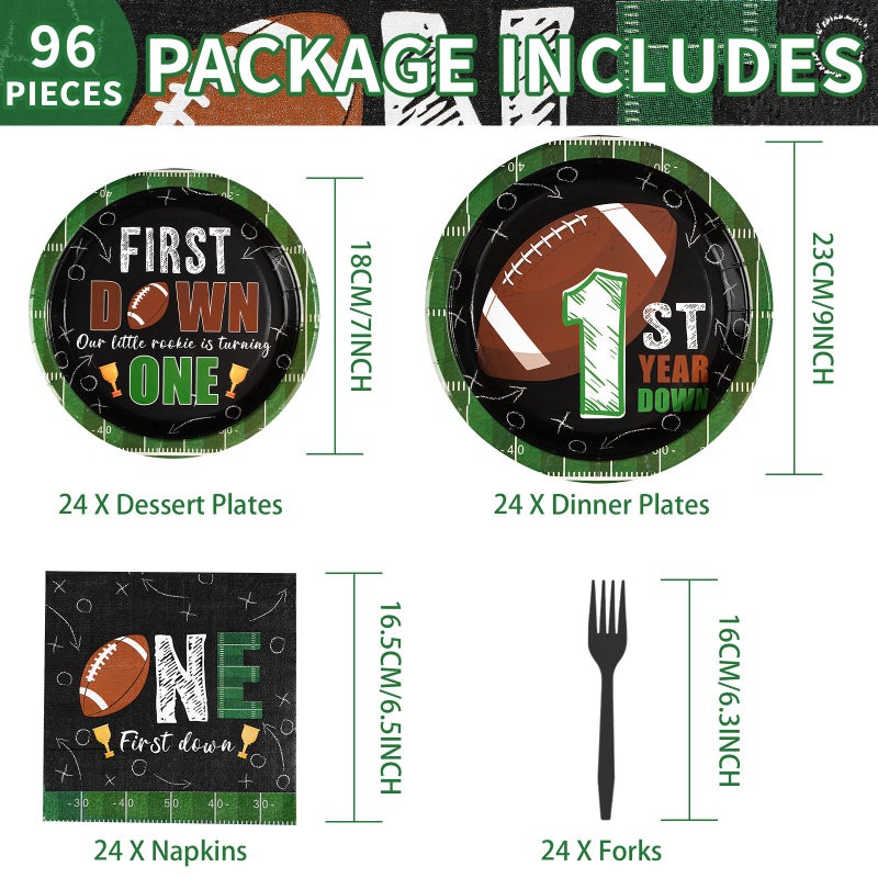 Grencian 96Pcs Football Party Decorations First Down Football Birthday Party Plates Disposable 350GSM Football Paper Tableware Set for Gameday Boys 1st Football Birthday Party  Serves 24 - Image 2