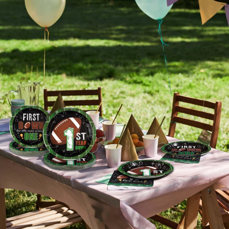 Grencian 96Pcs Football Party Decorations First Down Football Birthday Party Plates Disposable 350GSM Football Paper Tableware Set for Gameday Boys 1st Football Birthday Party  Serves 24 - Image 5