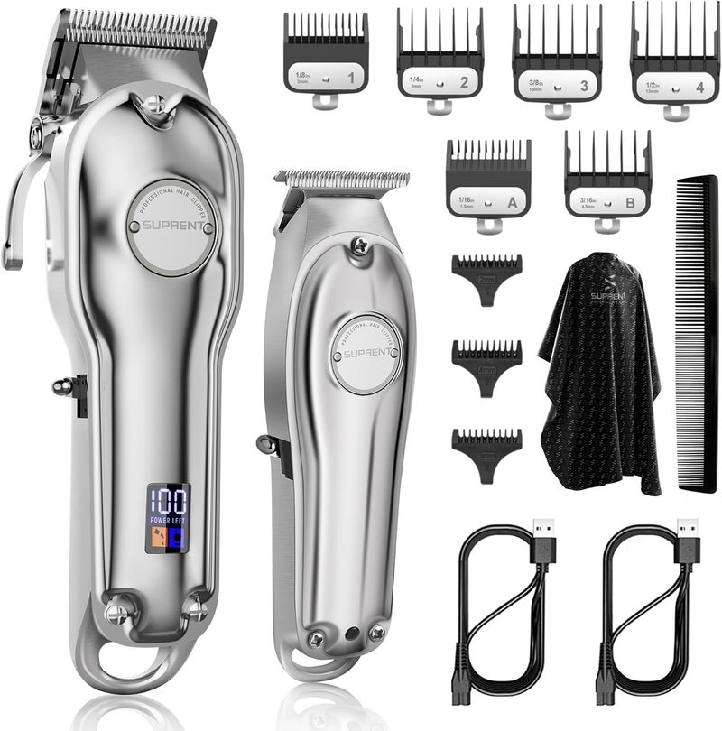 SUPRENT ® PRO Professional Hair Clippers for Men- Hair Cutting Kit & Zero Gap T-Blade Trimmer Combo- Cordless Barber Clipper Set with LED Display for Mens Gifts (Silver) - Image 1