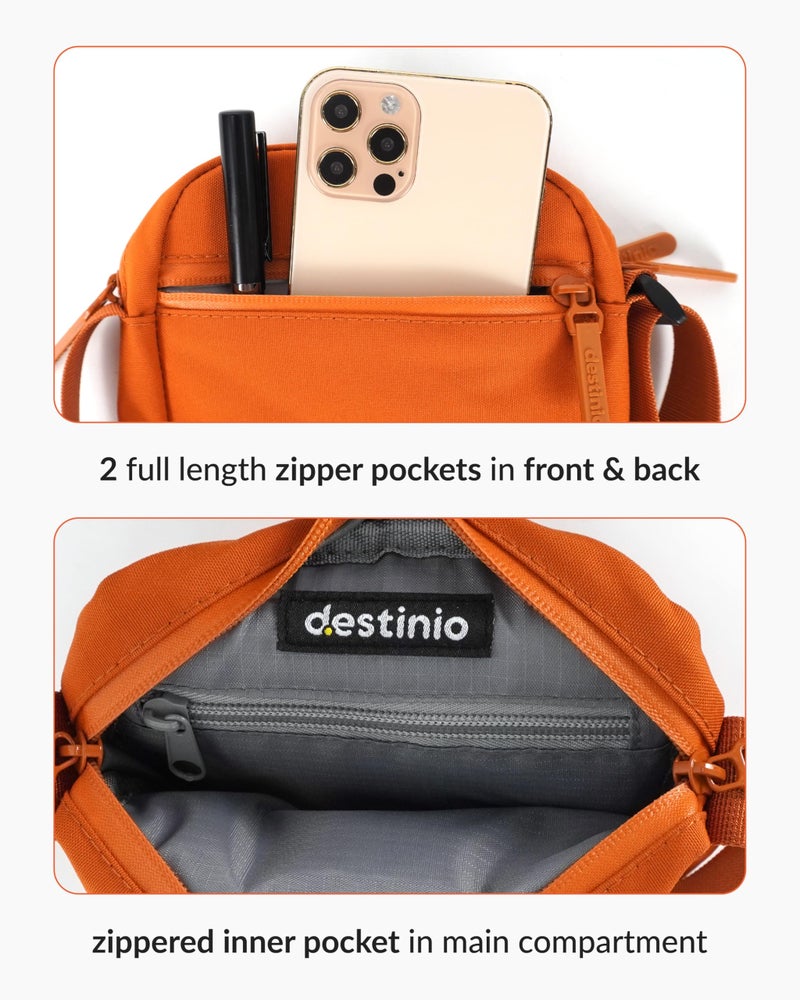 Destinio Small Crossbody Sling Bag for Men and Women - Waterproof Pocket and Zippers, Anti Theft Locking - Stylish Mini Side Bag for Man for Mobile, Passport (Orange, Small) - Image 2