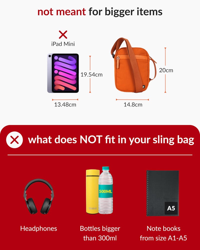 Destinio Small Crossbody Sling Bag for Men and Women - Waterproof Pocket and Zippers, Anti Theft Locking - Stylish Mini Side Bag for Man for Mobile, Passport (Orange, Small) - Image 4