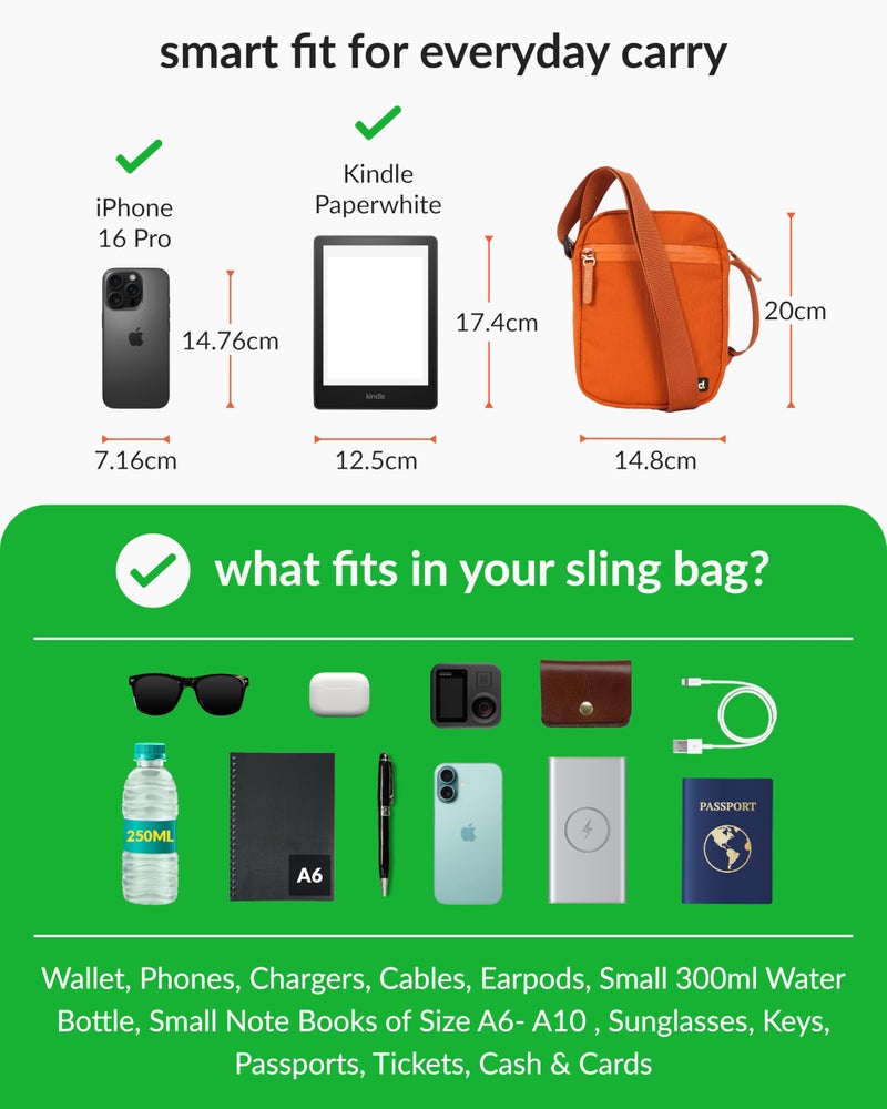 Destinio Small Crossbody Sling Bag for Men and Women - Waterproof Pocket and Zippers, Anti Theft Locking - Stylish Mini Side Bag for Man for Mobile, Passport (Orange, Small) - Image 3