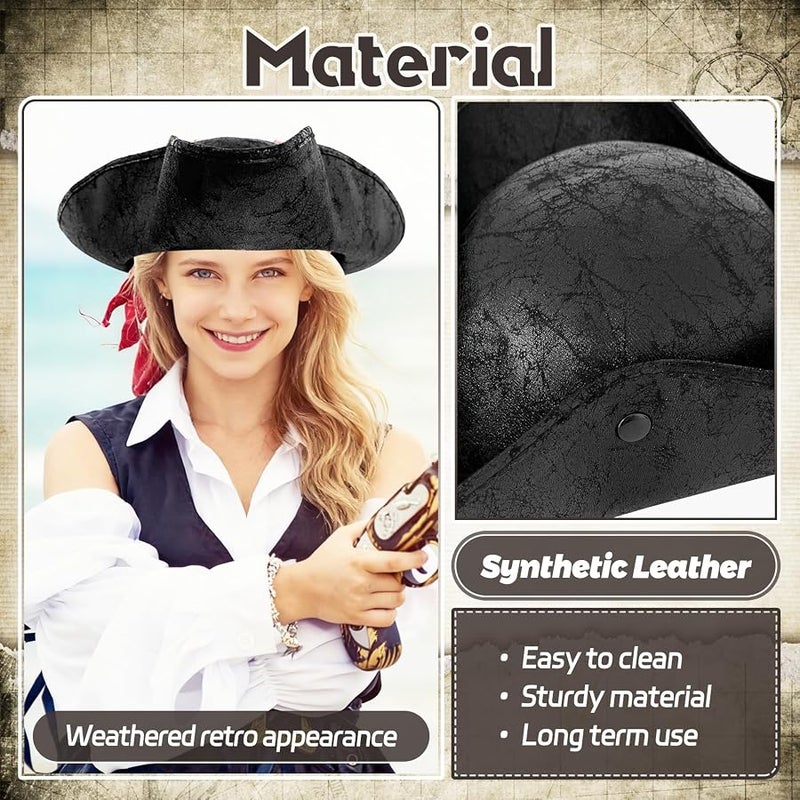 Xeehwb Black Pirate-Hat,Women Tricorn Leather Hat,Men Vintage Wrinkle Pirate Hat for Halloween Party Costume Accessories - Image 3