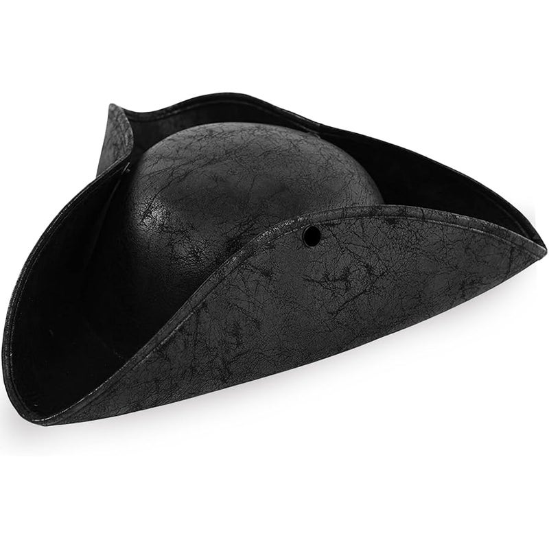 Xeehwb Black Pirate-Hat,Women Tricorn Leather Hat,Men Vintage Wrinkle Pirate Hat for Halloween Party Costume Accessories - Image 1