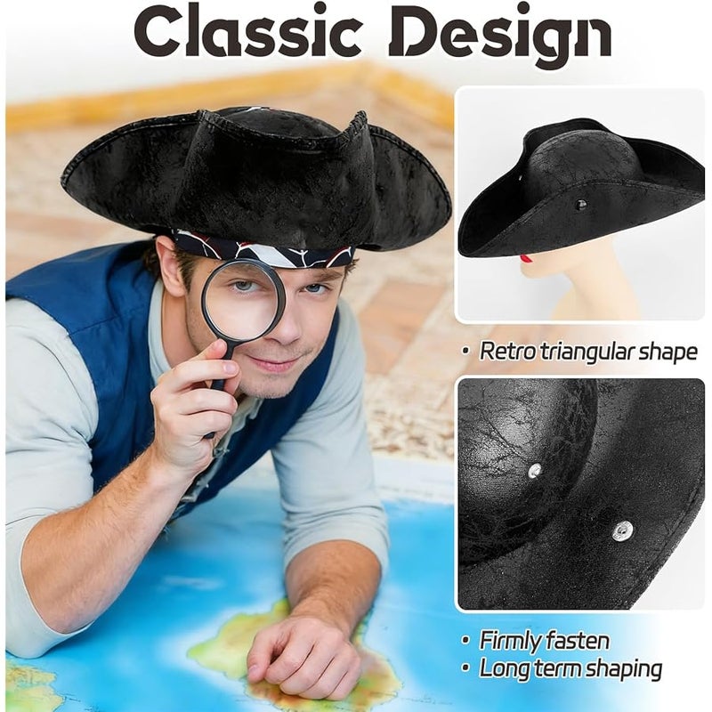 Xeehwb Black Pirate-Hat,Women Tricorn Leather Hat,Men Vintage Wrinkle Pirate Hat for Halloween Party Costume Accessories - Image 4