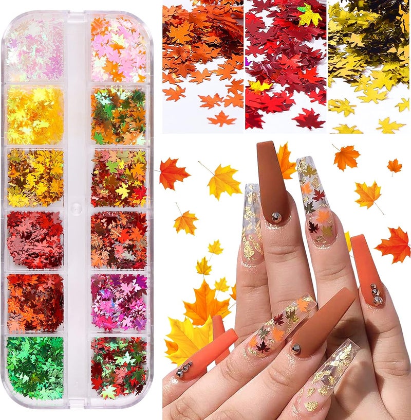 EBANKU 12 Colors 3D Fall Leaves Nail Art Glitter Sequins, Laser Sparkly Maple Leaf Nail Glitter Holographic Flakes Confetti Nail Sequins for Nail Art Glitter Decoration Resin Mold DIY