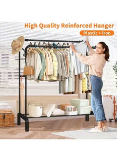 Yoawllty Clothes Rack, Metal Double-Rail Hanger Cloth Stand, Multifunctional Clothes Stand with Bottom Shelves Rod and Lower Storage Shelf for Home, Bedroom(Black)  - Image 3
