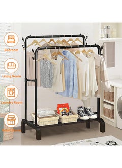 Yoawllty Clothes Rack, Metal Double-Rail Hanger Cloth Stand, Multifunctional Clothes Stand with Bottom Shelves Rod and Lower Storage Shelf for Home, Bedroom(Black)  - Image 5