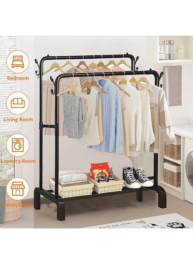 Yoawllty Clothes Rack, Metal Double-Rail Hanger Cloth Stand, Multifunctional Clothes Stand with Bottom Shelves Rod and Lower Storage Shelf for Home, Bedroom(Black)  - Image 5