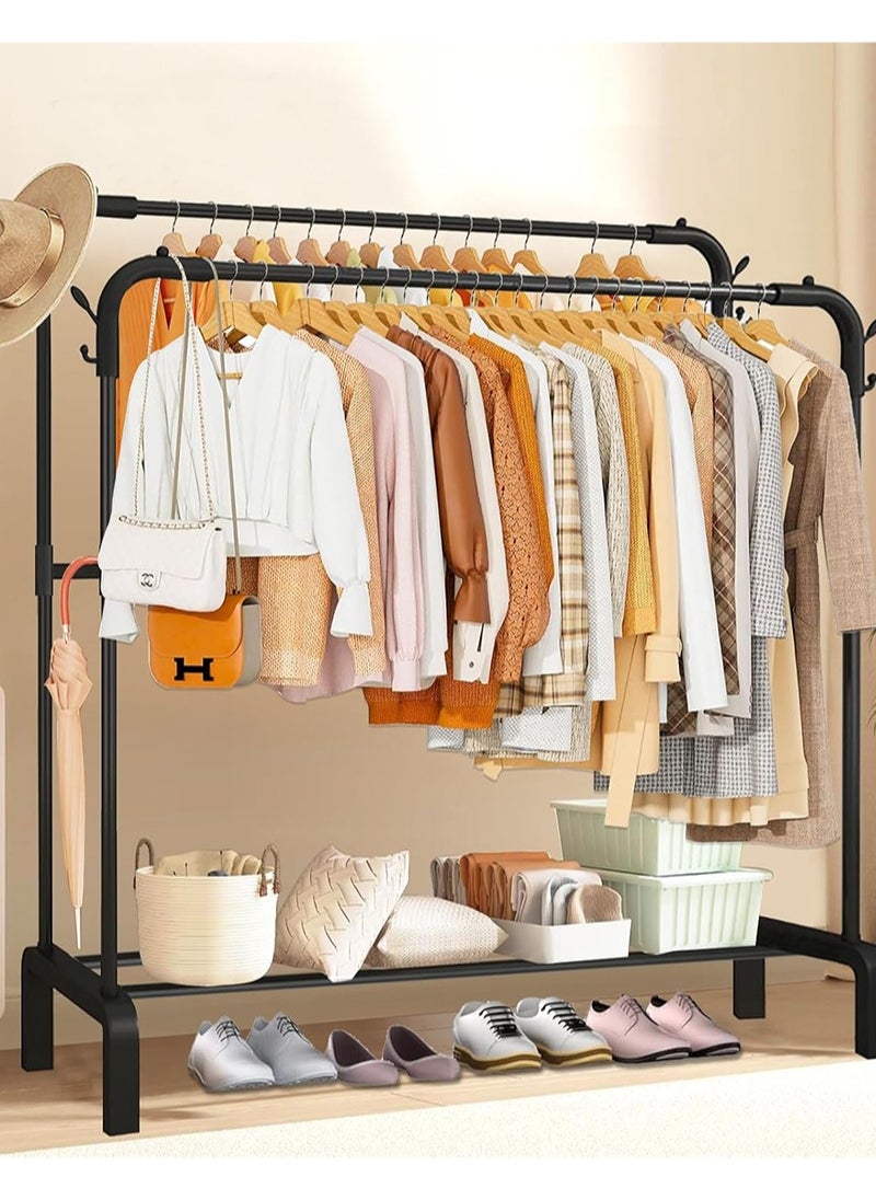 Yoawllty Clothes Rack, Metal Double-Rail Hanger Cloth Stand, Multifunctional Clothes Stand with Bottom Shelves Rod and Lower Storage Shelf for Home, Bedroom(Black)  - Image 1