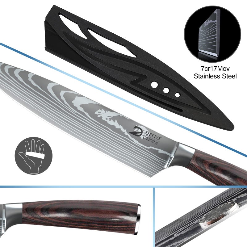 Dfito Chef Knife Sets with Roll Bag, 9 Pieces Professional Knife Set, High Carbon Stainless Steel Kitchen Chef Knife Set, Red Pakkawood Handle, Dishwasher Safe - Image 4