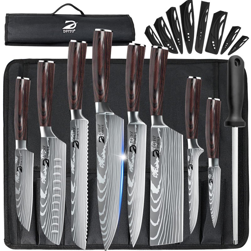 Dfito Chef Knife Sets with Roll Bag, 9 Pieces Professional Knife Set, High Carbon Stainless Steel Kitchen Chef Knife Set, Red Pakkawood Handle, Dishwasher Safe - Image 1