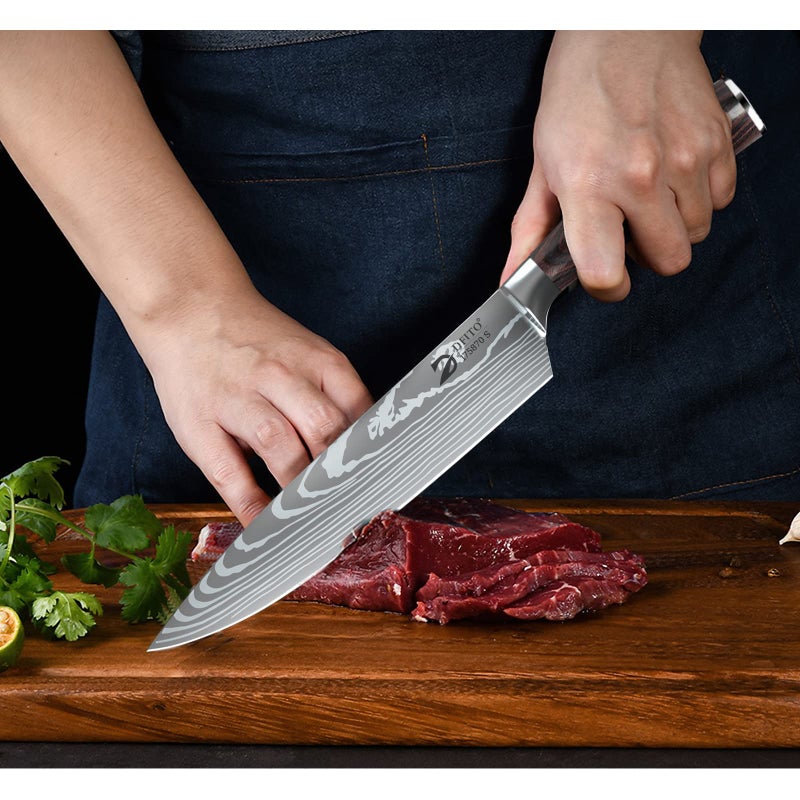 Dfito Chef Knife Sets with Roll Bag, 9 Pieces Professional Knife Set, High Carbon Stainless Steel Kitchen Chef Knife Set, Red Pakkawood Handle, Dishwasher Safe - Image 5