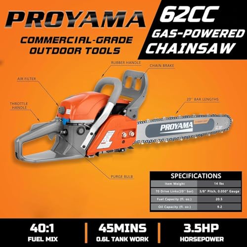 PROYAMA 62CC Gas Powered Chainsaw, 20 Inch 2-Cycle Petrol Handheld Cordless Chain Saw, Gasoline Gas Chainsaws for Tree Wood Cutting - Image 2
