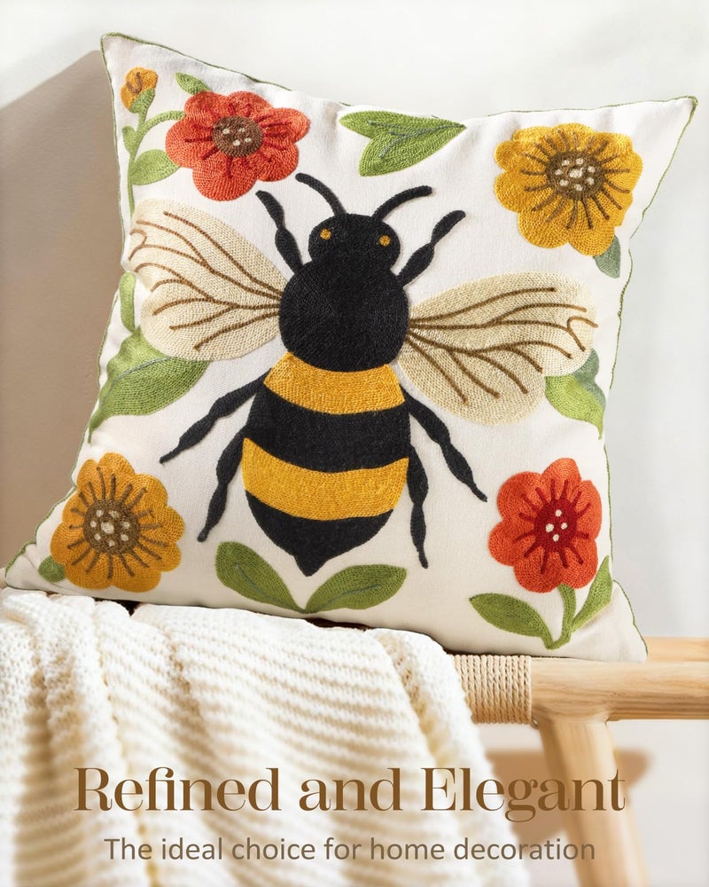 Kokaaee Embroidered Throw Pillow Cover 18x18 Inch - Spring Boho Decorative Animal Pillow Covers with Zipper for Couch Sofa Bedroom Living Room Cushion Pillowcase, Bee Floral - Image 5