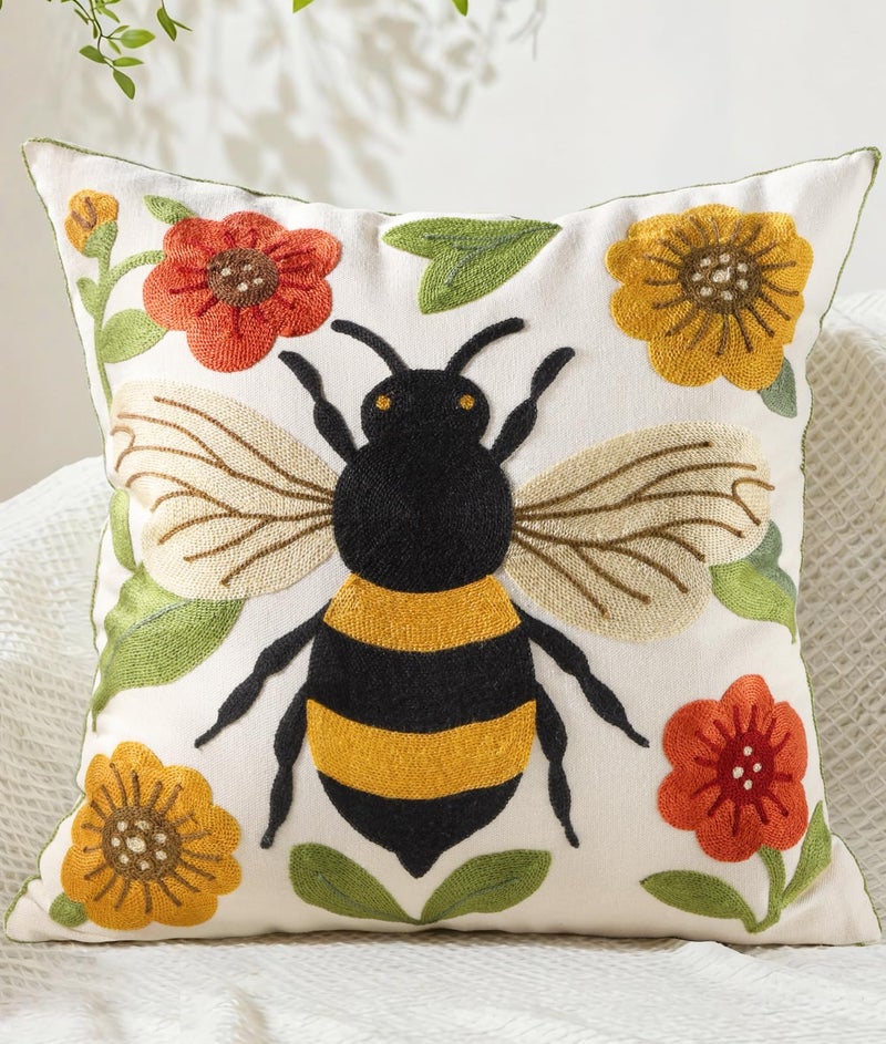 Kokaaee Embroidered Throw Pillow Cover 18x18 Inch - Spring Boho Decorative Animal Pillow Covers with Zipper for Couch Sofa Bedroom Living Room Cushion Pillowcase, Bee Floral - Image 1