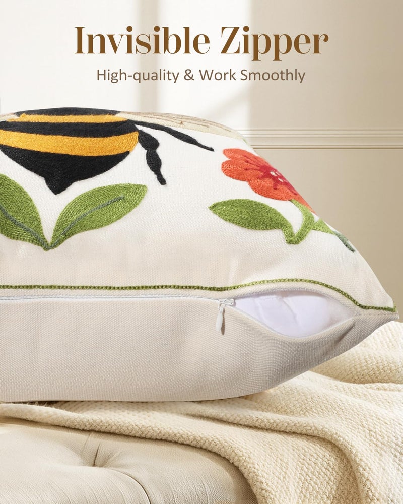 Kokaaee Embroidered Throw Pillow Cover 18x18 Inch - Spring Boho Decorative Animal Pillow Covers with Zipper for Couch Sofa Bedroom Living Room Cushion Pillowcase, Bee Floral - Image 3
