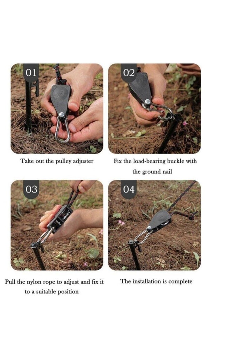 KASTWAVE 4 Pcs Tent Guy Ropes with Pulley Tent Guide Rope with Stainless Steel Adjuster Camping Nylon Rope Fastener Stopper Tightener for Outdoor Camping Hiking - Image 4