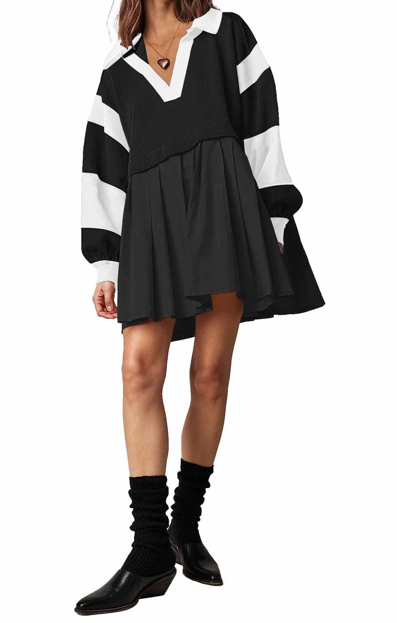 SAUKOLE Spring Fall Dress for Women Casual Long Sleeve Pullover Tops Patchwork Pleated Sweatshirt Dress Blackwhite - Image 2