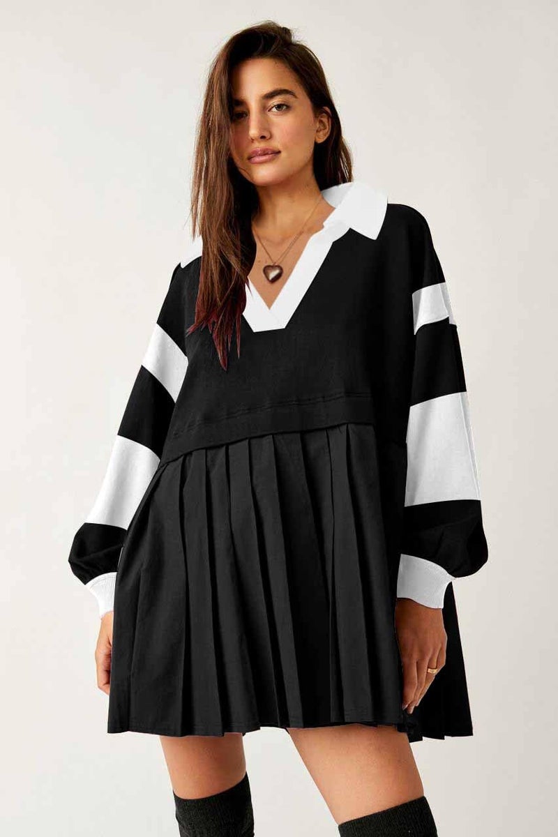 SAUKOLE Spring Fall Dress for Women Casual Long Sleeve Pullover Tops Patchwork Pleated Sweatshirt Dress Blackwhite - Image 4