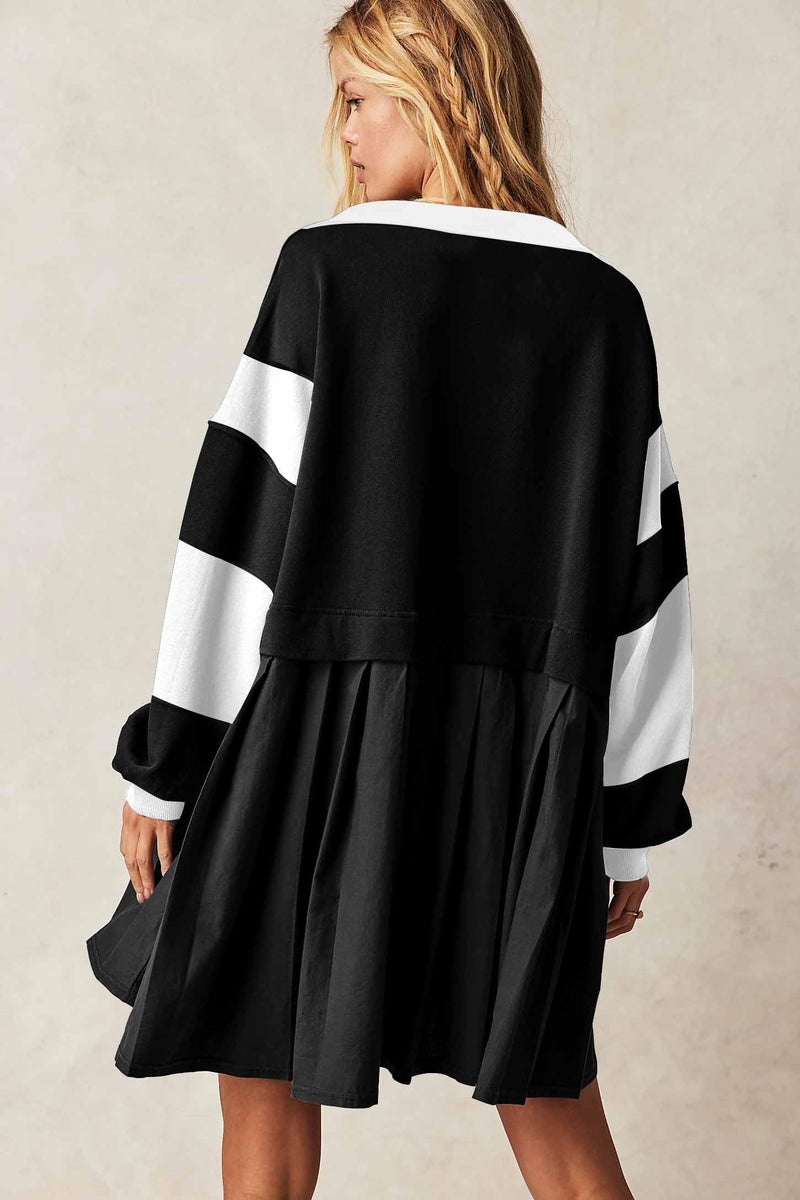 SAUKOLE Spring Fall Dress for Women Casual Long Sleeve Pullover Tops Patchwork Pleated Sweatshirt Dress Blackwhite - Image 5