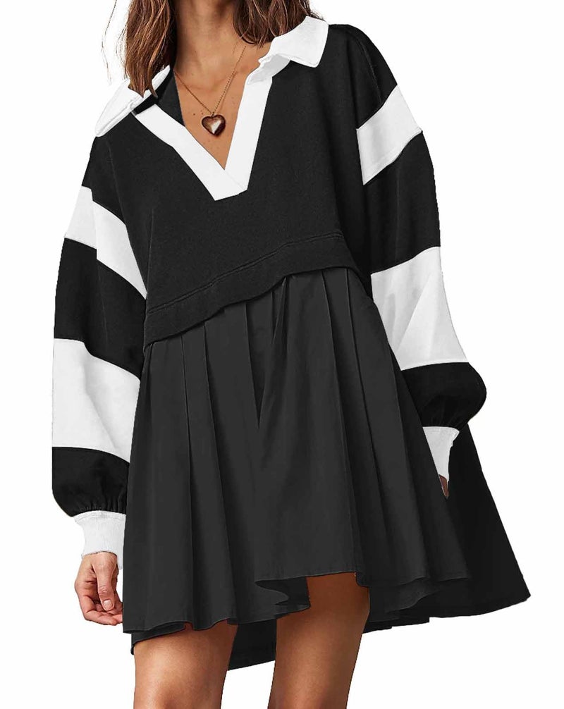 SAUKOLE Spring Fall Dress for Women Casual Long Sleeve Pullover Tops Patchwork Pleated Sweatshirt Dress Blackwhite - Image 1