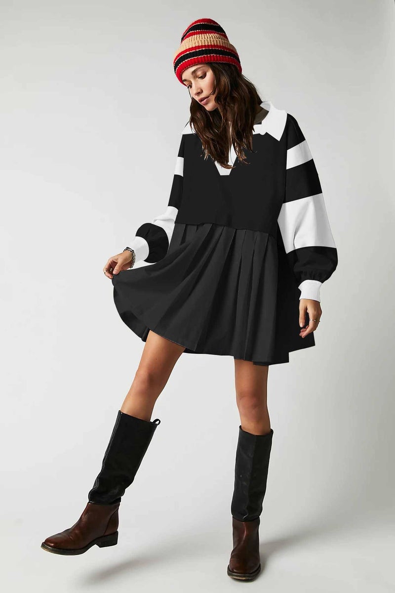 SAUKOLE Spring Fall Dress for Women Casual Long Sleeve Pullover Tops Patchwork Pleated Sweatshirt Dress Blackwhite - Image 3