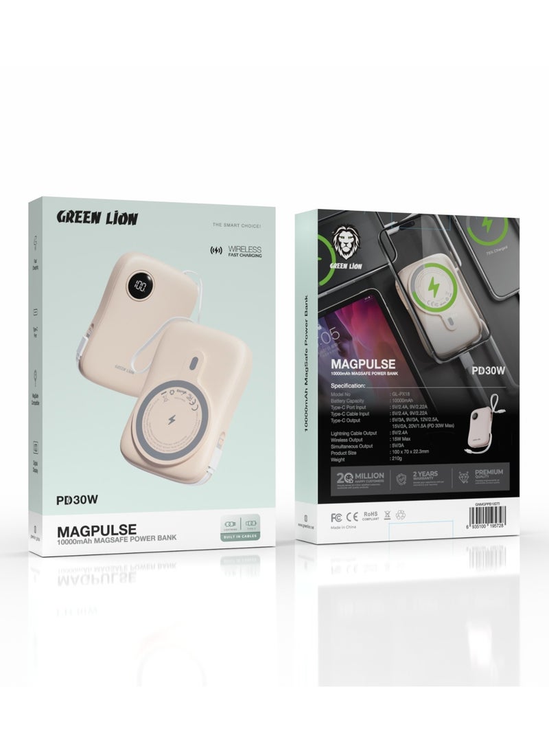 GREEN LION - MagPulse Power Bank 10000mAh / MagSafe Compatible and Built in Type-C & Lightning Cables /Wireless Fast Charging /Simultaneous Charging / PD 30W - Desert Titanium - Image 1