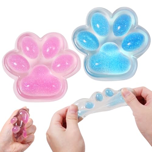 JIACAI 2pcs Pink Blue Squishy Cat Paw Squeeze Toys Ice Through Sparkling Powder Kawaii Sticky Squishies PVC Toys Stress Relieving Fur Ball OPP Packaging Gifts for Kids Teenage 2pcs Pink Blue - Image 1