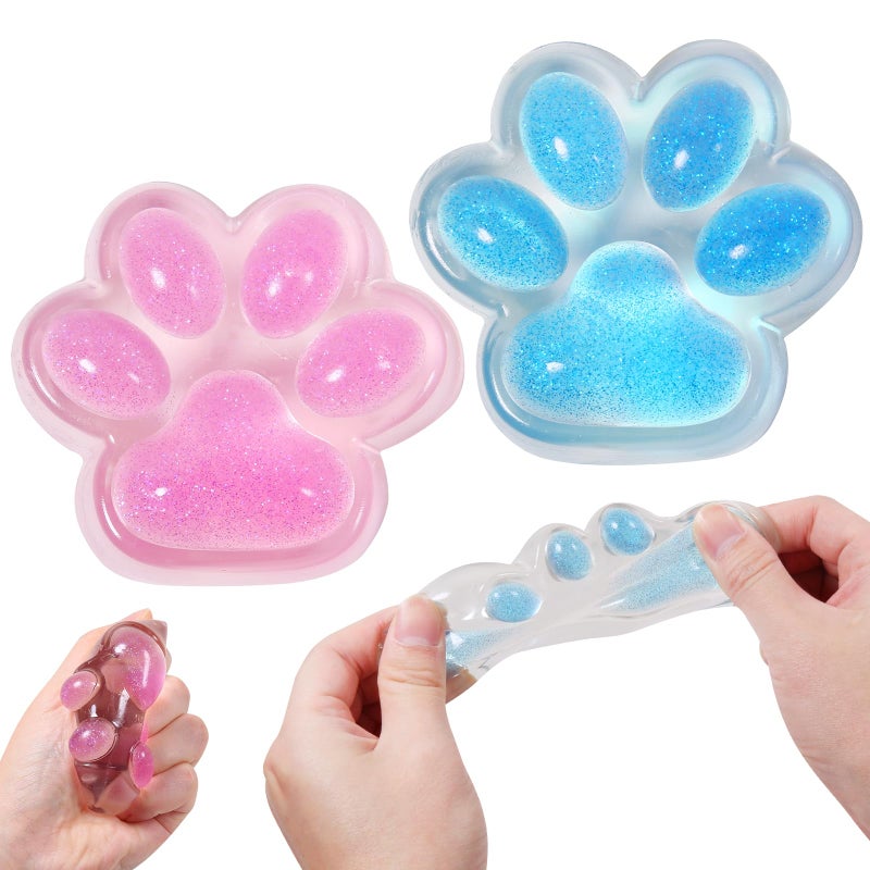 JIACAI 2pcs Pink Blue Squishy Cat Paw Squeeze Toys Ice Through Sparkling Powder Kawaii Sticky Squishies PVC Toys Stress Relieving Fur Ball OPP Packaging Gifts for Kids Teenage 2pcs Pink Blue - Image 3