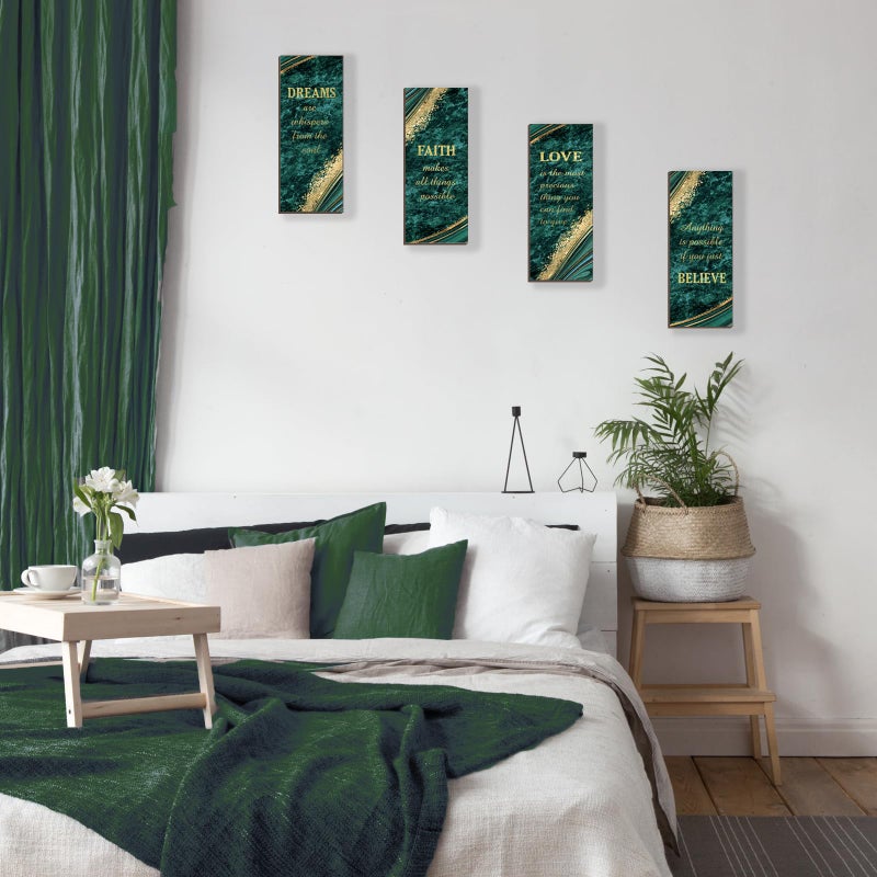 ONIZHITY 4 Pcs Green Gold Bathroom Decor Green Gold Wall Decor with Dreams Faith Love Believe Wooden Rustic Marble Style Versatile Bathroom Accessories for Bedroom Living Room(10X4) - Image 3