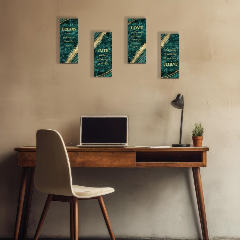 ONIZHITY 4 Pcs Green Gold Bathroom Decor Green Gold Wall Decor with Dreams Faith Love Believe Wooden Rustic Marble Style Versatile Bathroom Accessories for Bedroom Living Room(10X4) - Image 2