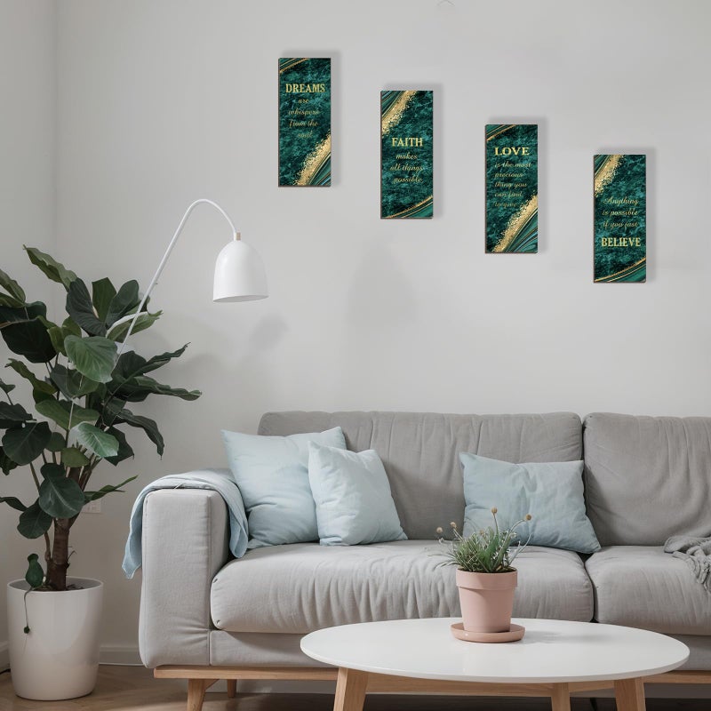 ONIZHITY 4 Pcs Green Gold Bathroom Decor Green Gold Wall Decor with Dreams Faith Love Believe Wooden Rustic Marble Style Versatile Bathroom Accessories for Bedroom Living Room(10X4) - Image 5