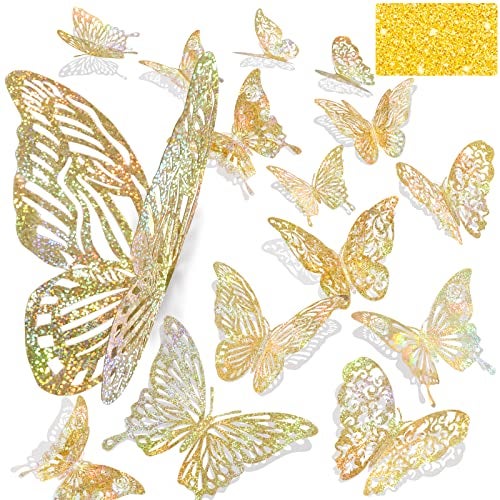 DELEMI 60 Pcs 3D Iridescent Gold Butterfly Decorations,Sequined Gold Room Decor with Set 5 Style Decorative Paper Butterfly for Party Birthday Baby Shower Decorations Wedding Decor DIY Gift((Sequined Gold) - Image 1